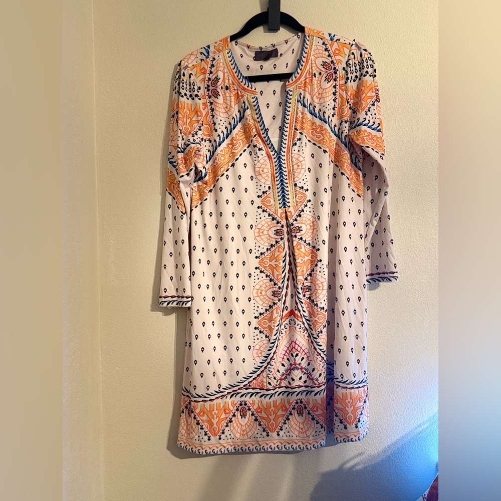 Hale Bob Orange and Blue Patterned Long Sleeve Dress